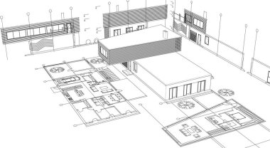 ev mimarisi çizimi 3 d illüstrasyon