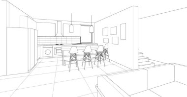 iç tasarım çizimi, 3 boyutlu illüstrasyon