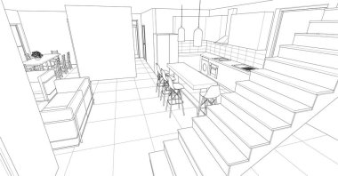 Mutfak çizimi. 3 boyutlu resim.