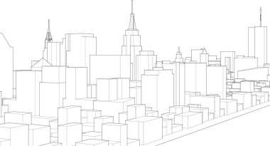 3 boyutlu modern şehir manzarası ve yüksek perspektifli binalar..