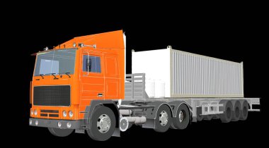 Gri arka planda mal ve eşyalar için karavanı olan modern kargo kamyonu. 3d illüstrasyon