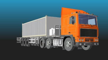 Beyaz arka planda römorku olan bir tırın 3 boyutlu görüntüsü.