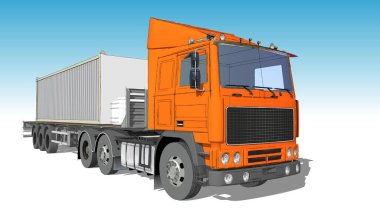 Beyaz arka planda karavanı olan turuncu kargo kamyonu. yan görünüm.