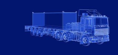 Beyaz arka planda mavi bir römork. Römorkun 3 boyutlu görüntüsü.