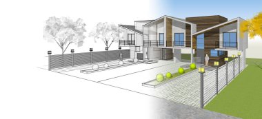 ev mimarisi çizimi 3 d illüstrasyon