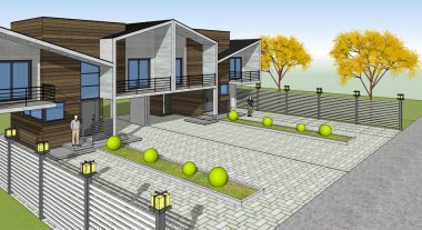 Modern ev mimari projesi çizimi 3 boyutlu illüstrasyon