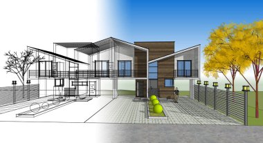 Modern ev çizimi 3D illüstrasyon