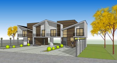 house modern skeç 3D illüstrasyon