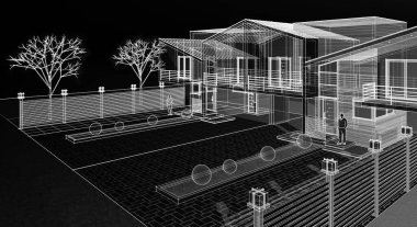 Bahçede garajı olan rahat bir evin 3 boyutlu görüntüsü.