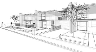 ev mimarisi çizimi 3 d illüstrasyon