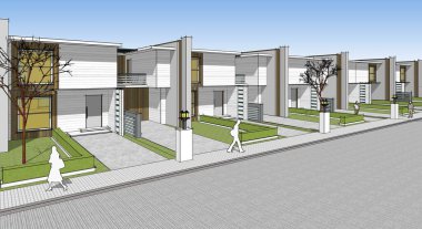 En üstten manzaralı, beyaz tenli, modern evin 3 boyutlu görüntüsü..