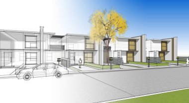 Modern ev mimari projesi çizimi 3 boyutlu illüstrasyon