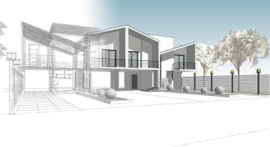 Modern mimari çizimi 3D illüstrasyon