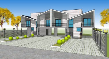 Park yeri ve havuzu satılık olan ya da lüks kirası olan modern konforlu bir ev. Çizimde siyah çizgi. temiz sonbahar sonbahar çizgileri