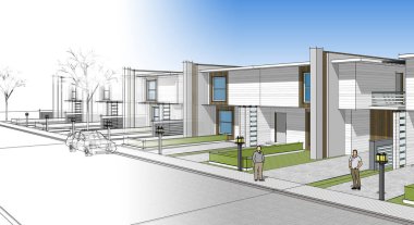 Modern mimari çizimi 3D illüstrasyon