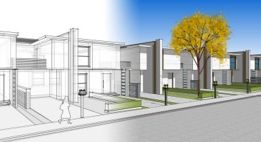 Modern ev mimarisi 3D illüstrasyon