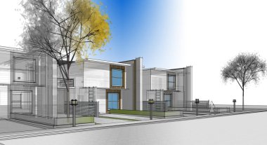 Modern mimari çizimi 3D illüstrasyon