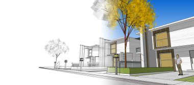 Modern mimari çizimi 3D illüstrasyon