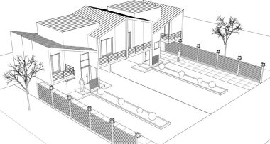 ev mimarisi çizimi 3 d illüstrasyon