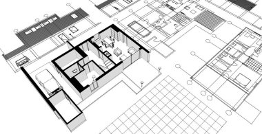 Bir ev çizimi. 3 boyutlu görüntüleme. tel - çerçeve.