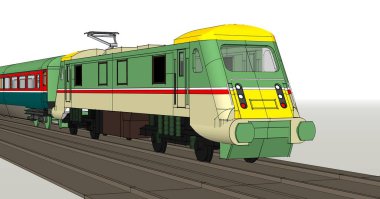 Beyaz arka planda uzun gölgeli yeşil bir trenin 3 boyutlu görüntüsü