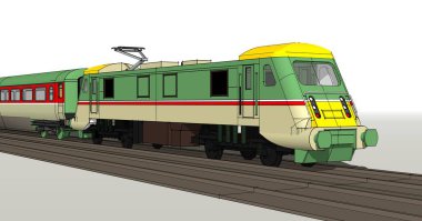 Beyaz arkaplanı olan büyük yeşil bir trenin 3 boyutlu görüntüsü