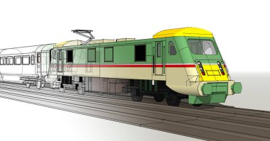 Beyaz arkaplanda gölgesi olan trenin 3 boyutlu çizimi