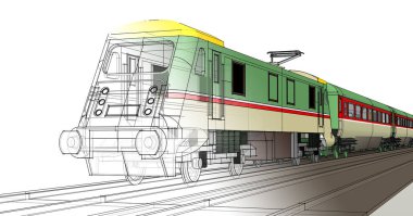Yeşil ve sarı çizgileri olan 3 boyutlu bir tren.