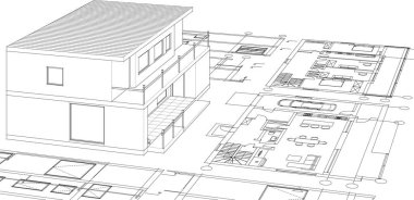 ev mimarisi çizimi 3 d illüstrasyon
