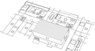 ev mimarisi çizimi 3 d illüstrasyon
