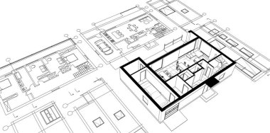 ev mimarisi çizimi 3 boyutlu illüstrasyon