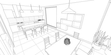 Modern 3D illüstrasyonun iç tasarımı