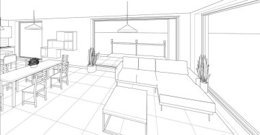 Mutfak taslak çizimi. 3d oluşturma