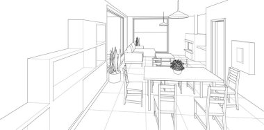 Modern mutfak taslağı. 3 boyutlu resim.