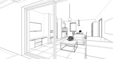 iç tasarım çizimi, 3 boyutlu illüstrasyon