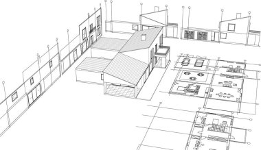 ev mimarisi çizimi 3 d illüstrasyon