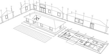 ev mimarisi çizimi 3 d illüstrasyon