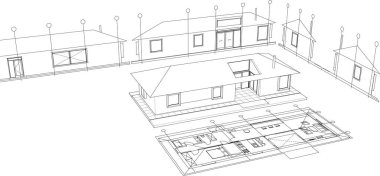 ev mimarisi çizimi 3 d illüstrasyon