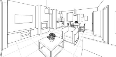 Modern bir mutfağın 3 boyutlu çizimi