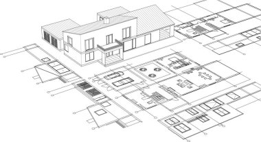 Modern ev mimari projesi çizimi 3 boyutlu illüstrasyon