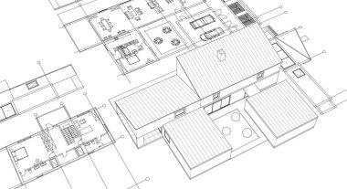ev mimarisi çizimi 3 d illüstrasyon
