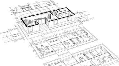 ev mimarisi çizimi 3 d illüstrasyon