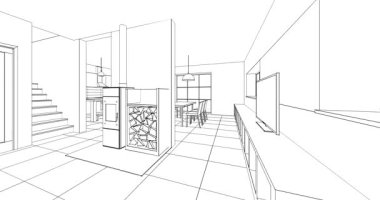 iç tasarım mutfağı, 3 boyutlu illüstrasyon