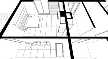 iç tasarım çizimi, 3 boyutlu illüstrasyon