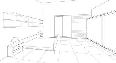 Ahşap zeminli, üç boyutlu bir yatak odasının içini çiz.