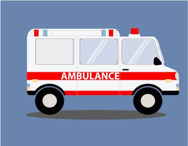Ambulans arabası mavi arka planda. Düz biçim.