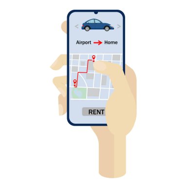 Araba paylaşımı, araba kiralama, elinde akıllı telefon, araba kiralama için şehir haritasında rota. Beyaz bir arkaplanda
