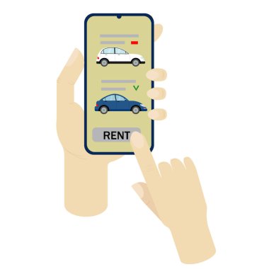 Arabalar telefon ekranında. Beyaz bir arka planda elinde akıllı telefon. Konsept - araba paylaşımı, araba kiralama.