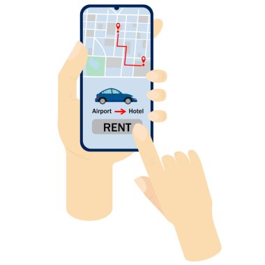 Çevrimiçi taksi çağırma, kira ve paylaşım hizmetleri için mobil uygulama. Şehir haritasında elinde bir telefonla yol almak. Beyaz arkaplan üzerindeki vektör illüstrasyonu izole edildi