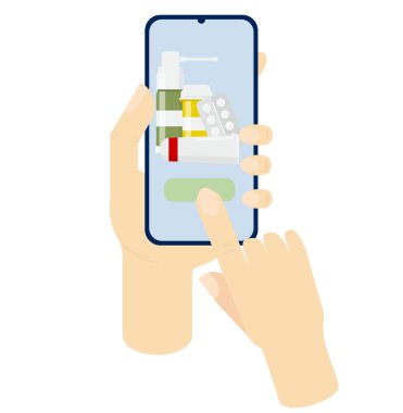 Akıllı telefon ekranındaki haplar, beyaz arka plandaki eller. Beyaz arkaplanda izole edilmiş düz biçimdeki vektör illüstrasyonu. Eczane, ilaç siparişi, hastane, klinik kavramı